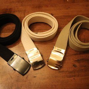 Lot of 3 military style canvas belts, ivory, beige , black 40 in